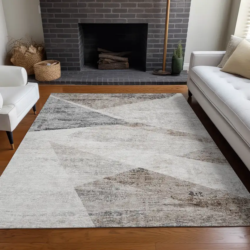 Silver Gray And Brown Geometric Washable Area Rug With UV Protection Photo 5