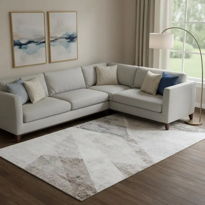 Silver Gray And Brown Geometric Washable Area Rug With UV Protection Photo 1