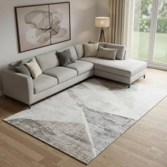 Silver Gray And Brown Geometric Washable Area Rug With UV Protection Photo 1