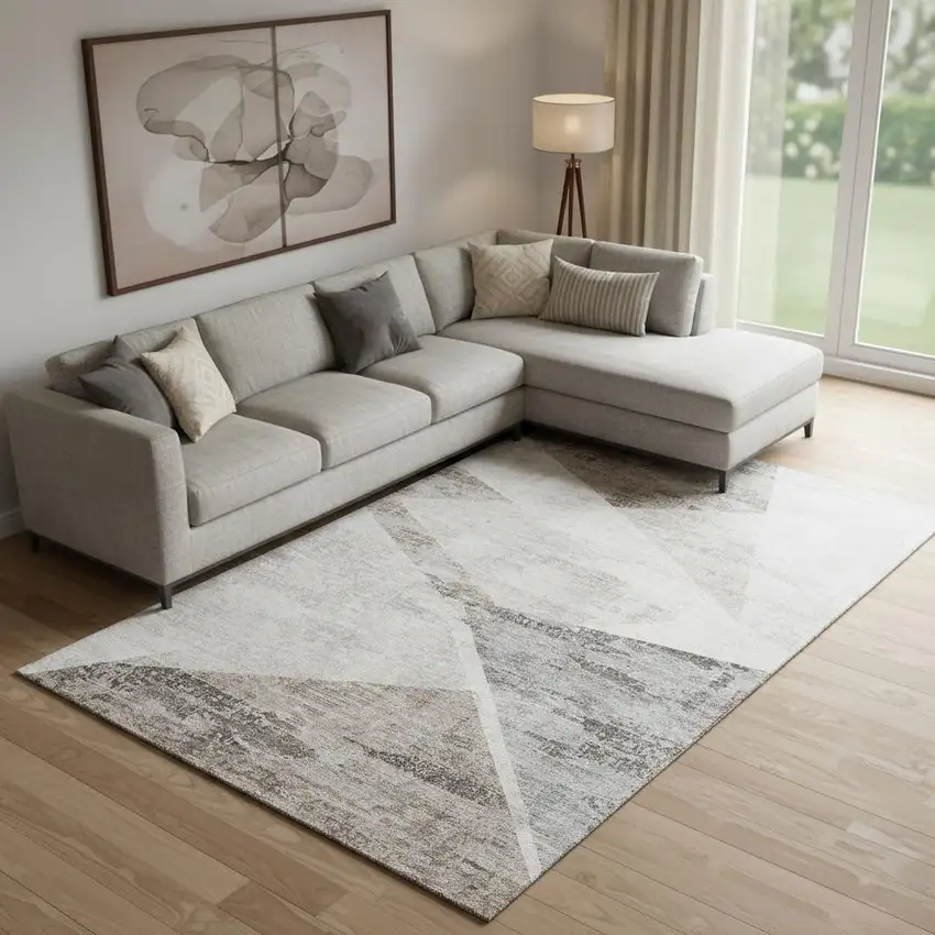 Silver Gray And Brown Geometric Washable Area Rug With UV Protection Photo 1