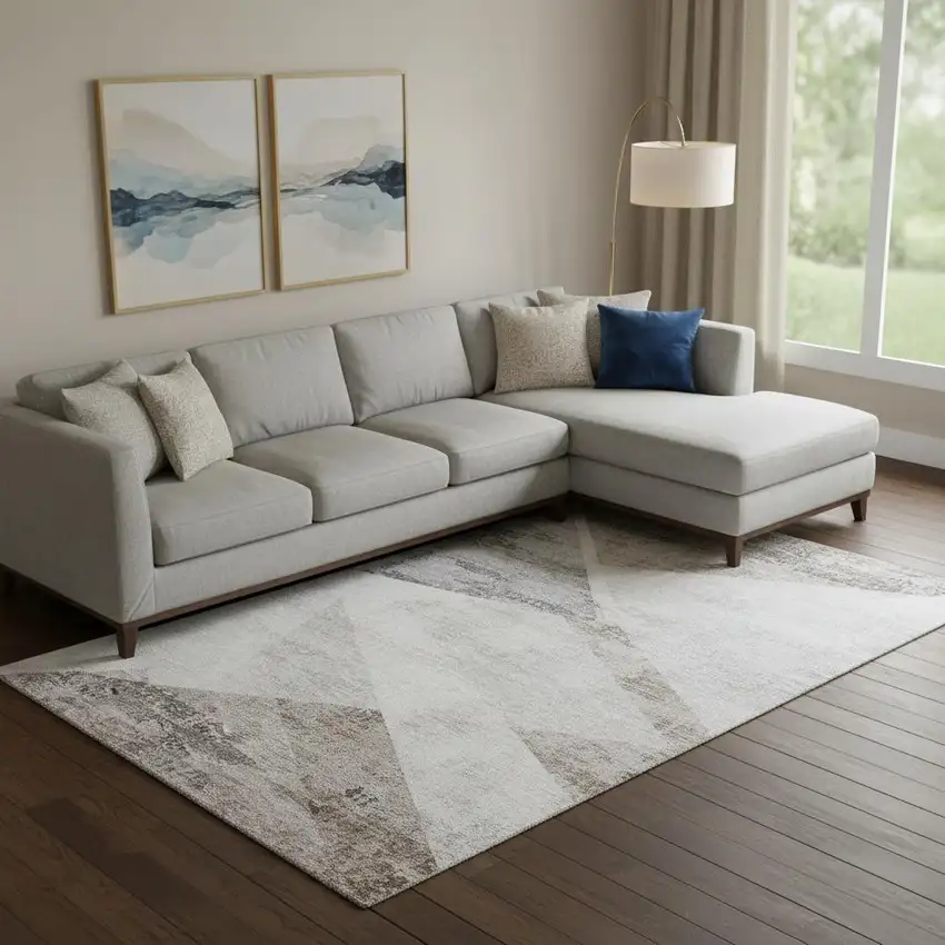 Silver Gray And Brown Geometric Washable Area Rug With UV Protection Photo 1