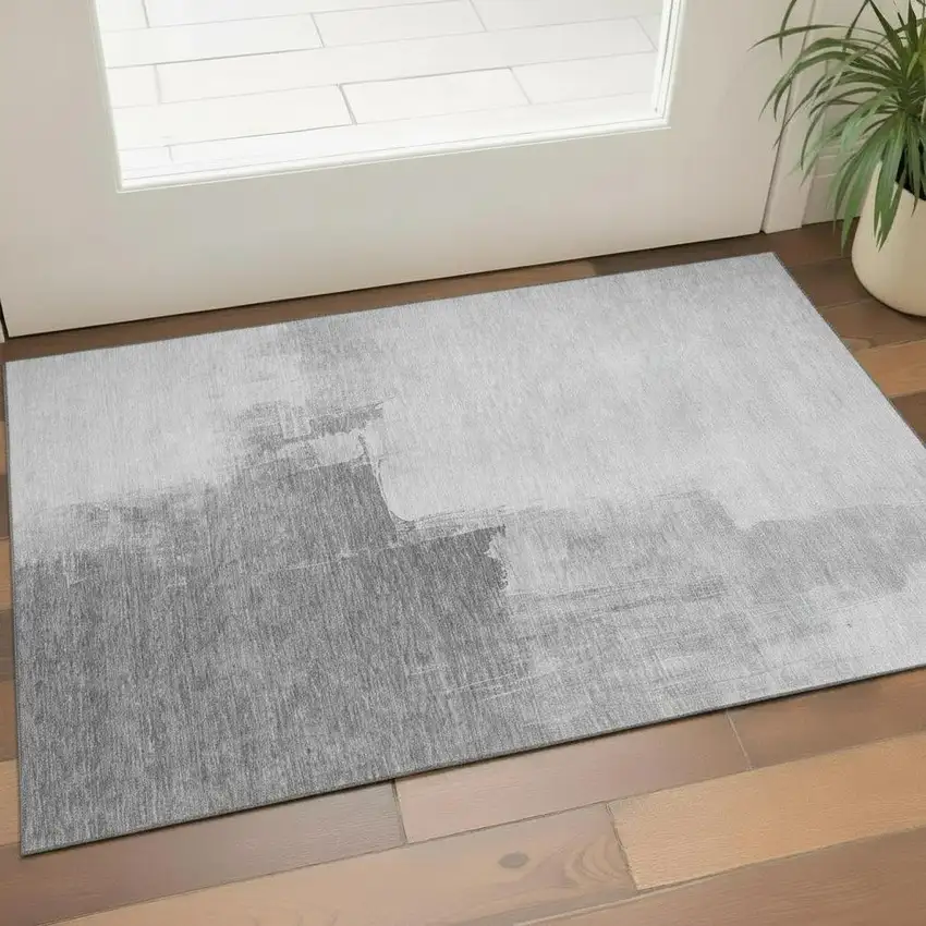 Silver Gray And Charcoal Abstract Washable Area Rug With UV Protection Photo 2