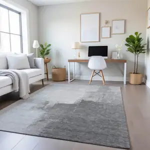 Photo of Silver Gray And Charcoal Abstract Washable Area Rug With UV Protection