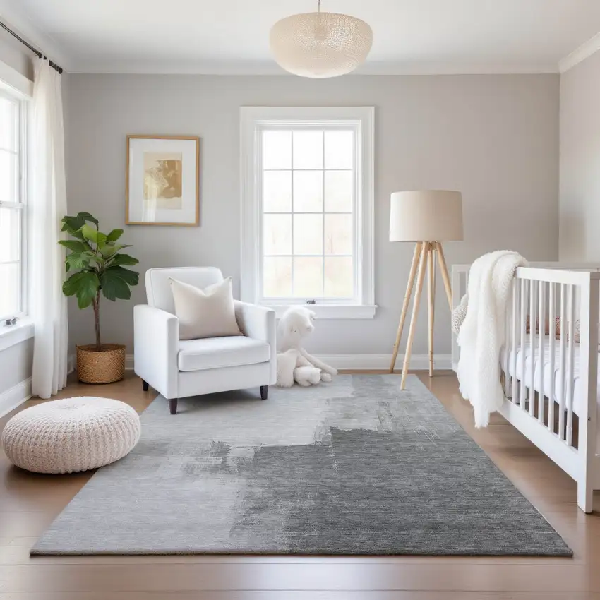 Silver Gray And Charcoal Abstract Washable Area Rug With UV Protection Photo 5