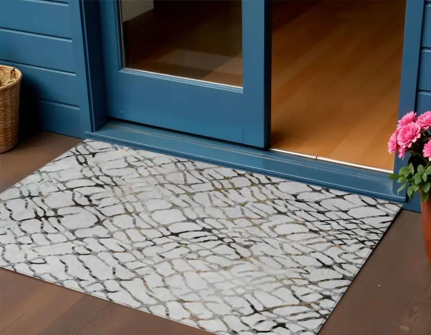 Silver Gray And Charcoal Abstract Washable Indoor Outdoor Area Rug Photo 1