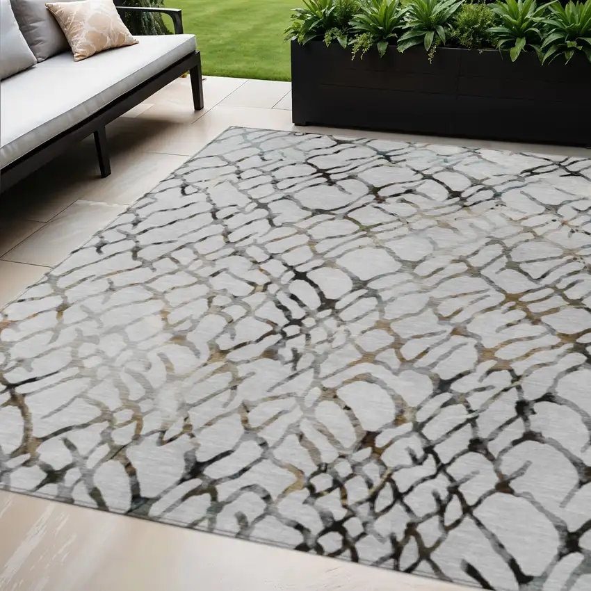Silver Gray And Charcoal Abstract Washable Indoor Outdoor Area Rug Photo 1