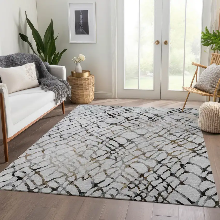 Silver Gray And Charcoal Abstract Washable Indoor Outdoor Area Rug Photo 8