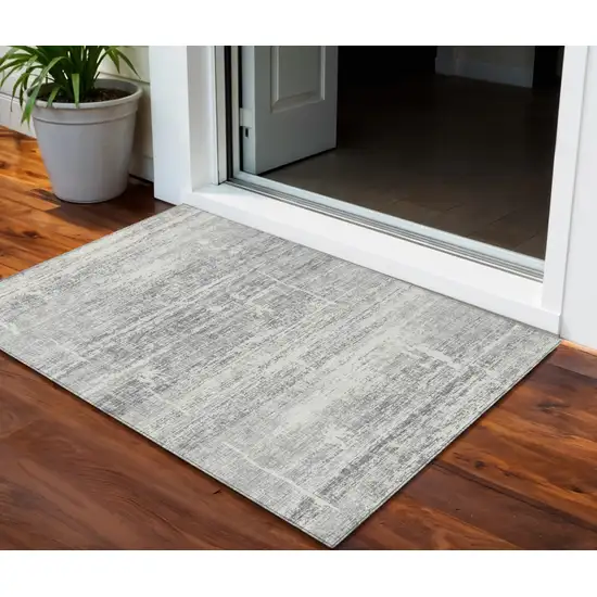 Silver Gray And Charcoal Abstract Washable Indoor Outdoor Area Rug Photo 1