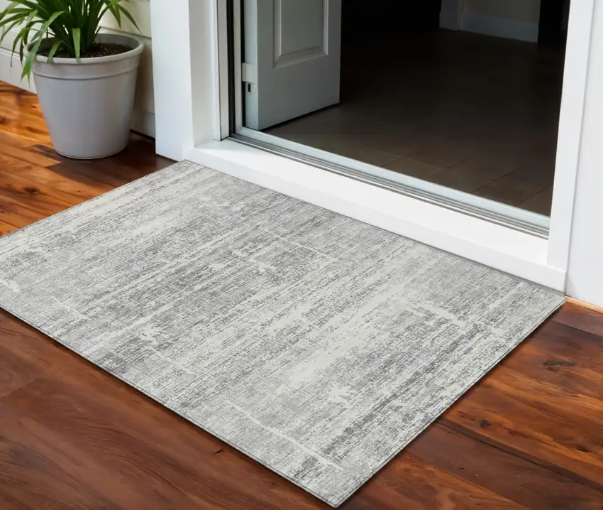 Silver Gray And Charcoal Abstract Washable Indoor Outdoor Area Rug Photo 1