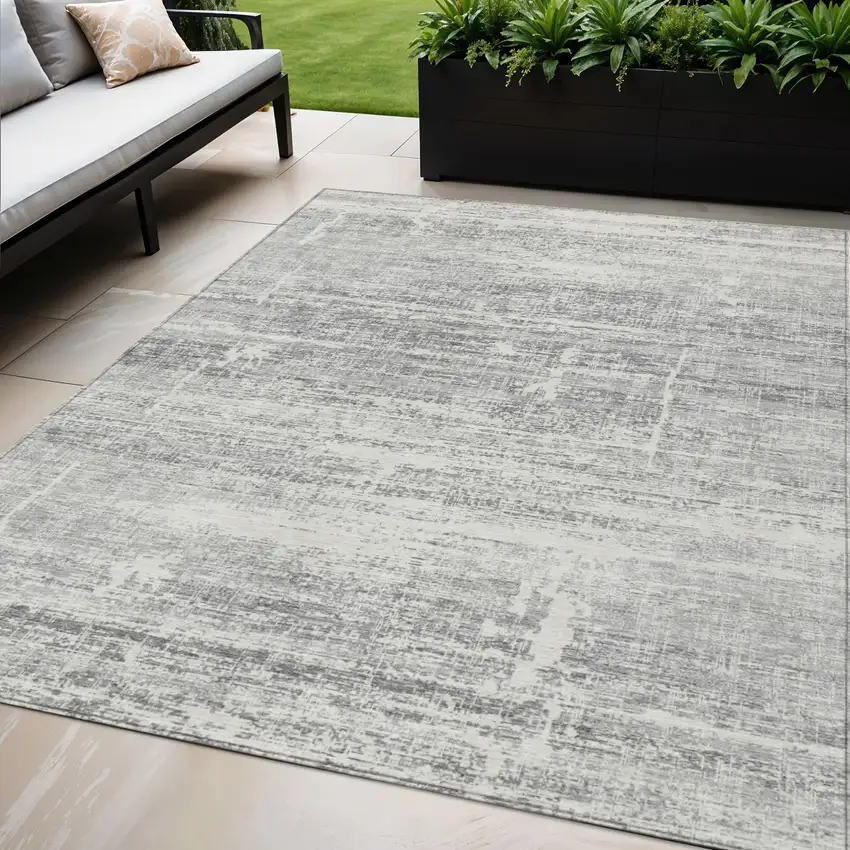 Silver Gray And Charcoal Abstract Washable Indoor Outdoor Area Rug Photo 1