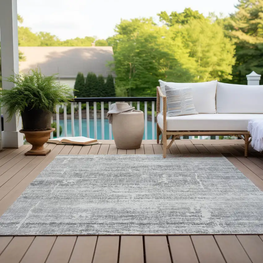 Silver Gray And Charcoal Abstract Washable Indoor Outdoor Area Rug Photo 8