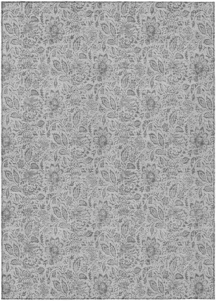 Silver Gray And Charcoal Floral Washable Indoor Outdoor Area Rug Photo 2