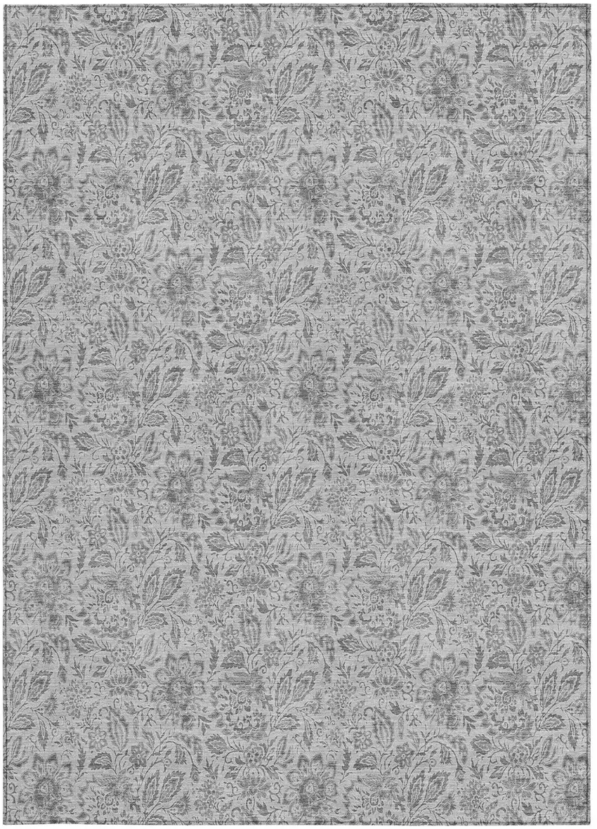 Silver Gray And Charcoal Floral Washable Indoor Outdoor Area Rug Photo 7