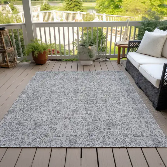 Silver Gray And Charcoal Floral Washable Indoor Outdoor Area Rug Photo 8