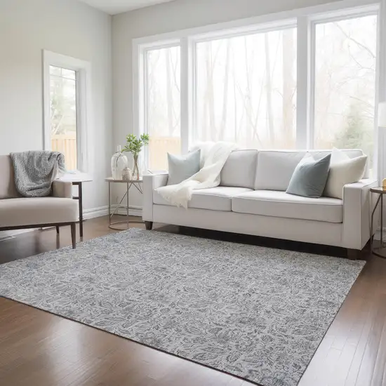 Silver Gray And Charcoal Floral Washable Indoor Outdoor Area Rug Photo 9