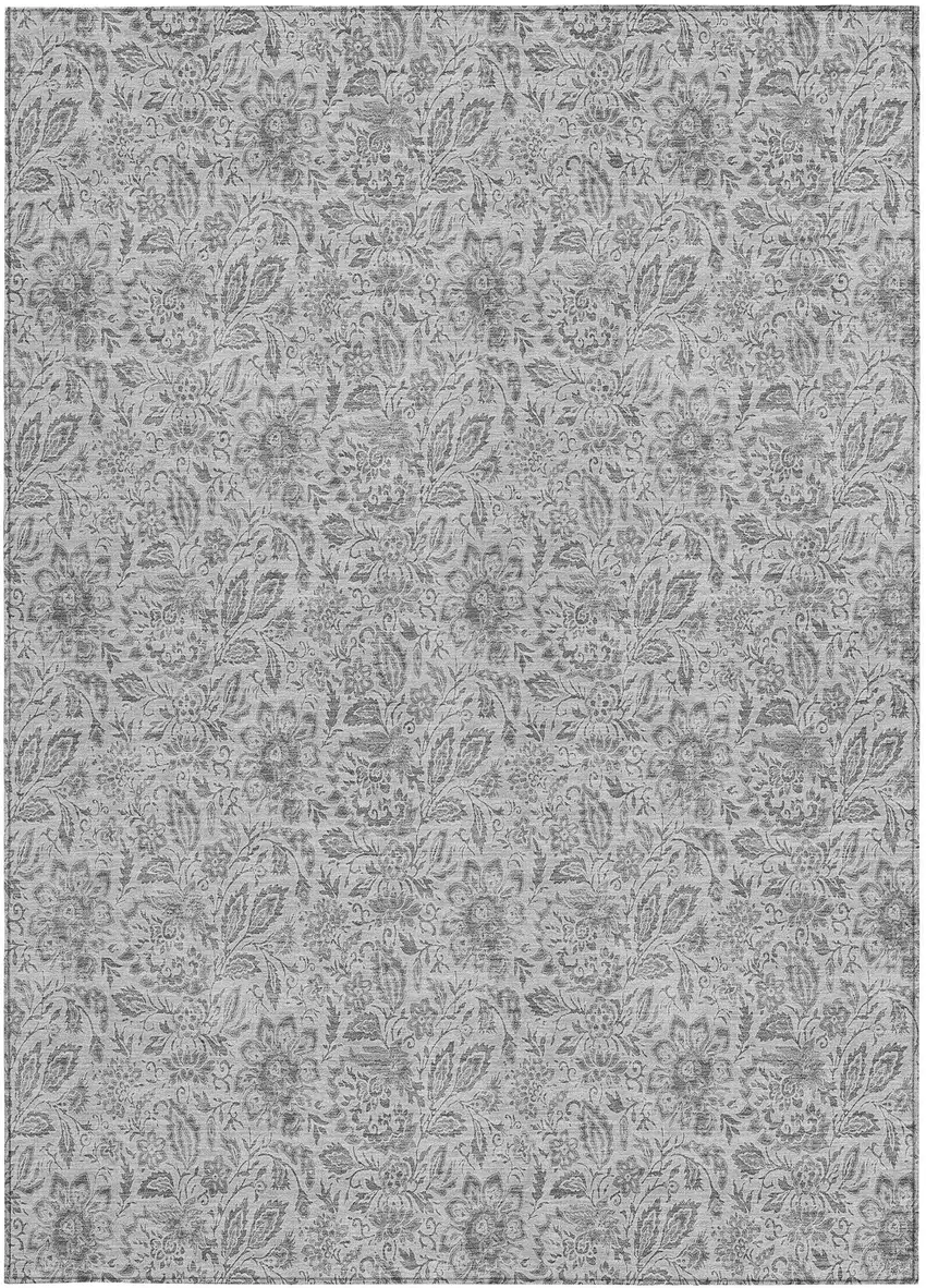 Silver Gray And Charcoal Floral Washable Indoor Outdoor Area Rug Photo 6