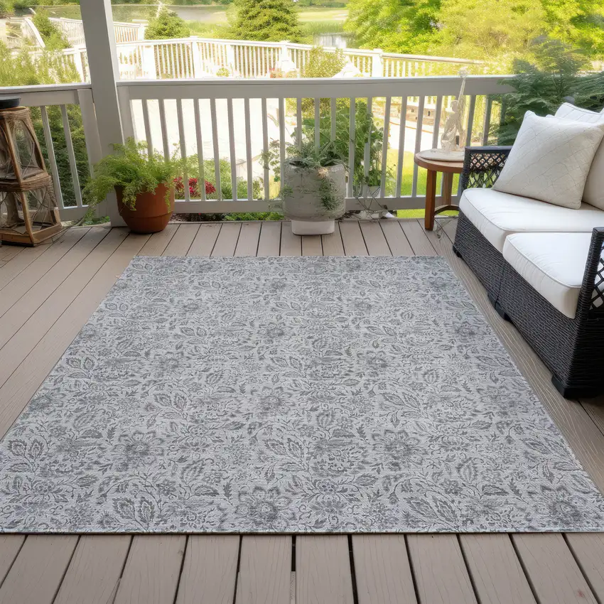 Silver Gray And Charcoal Floral Washable Indoor Outdoor Area Rug Photo 8