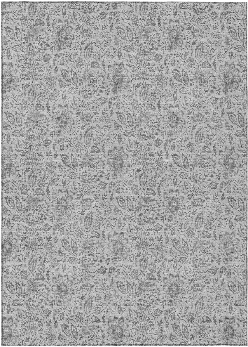 Silver Gray And Charcoal Floral Washable Indoor Outdoor Area Rug Photo 2