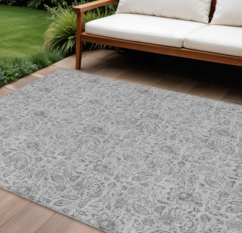Silver Gray And Charcoal Floral Washable Indoor Outdoor Area Rug Photo 1