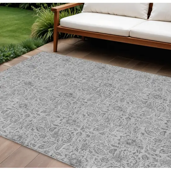 Silver Gray And Charcoal Floral Washable Indoor Outdoor Area Rug Photo 1