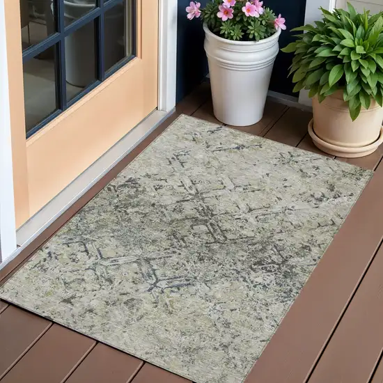 Silver Gray And Charcoal Geometric Washable Indoor Outdoor Area Rug Photo 1