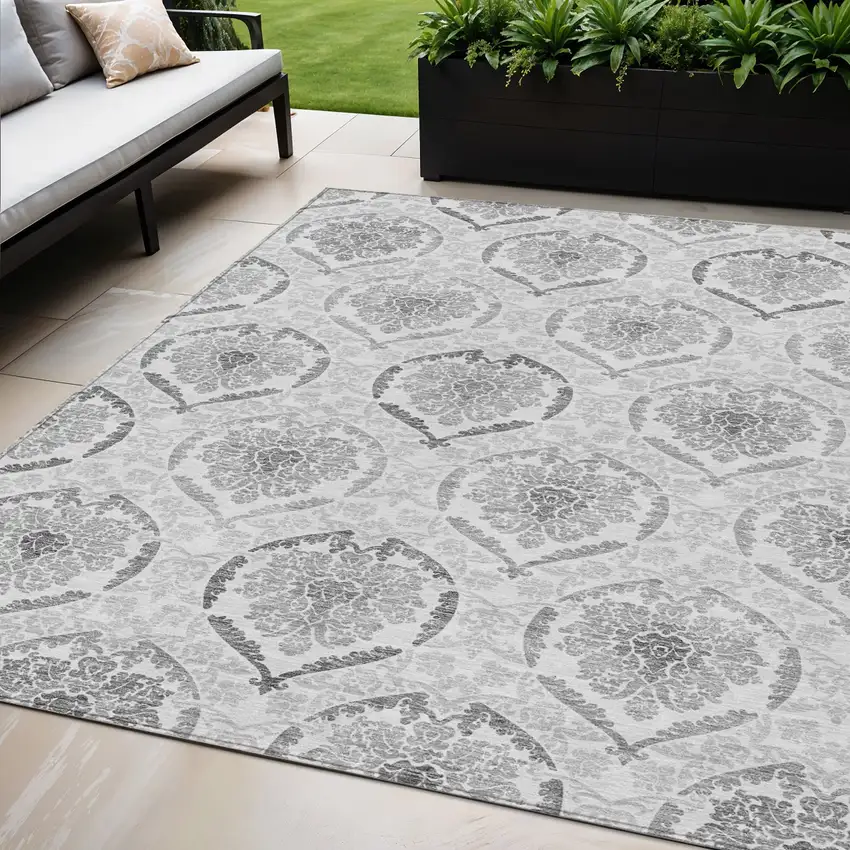 Silver Gray And Charcoal Medallion Washable Indoor Outdoor Area Rug Photo 1