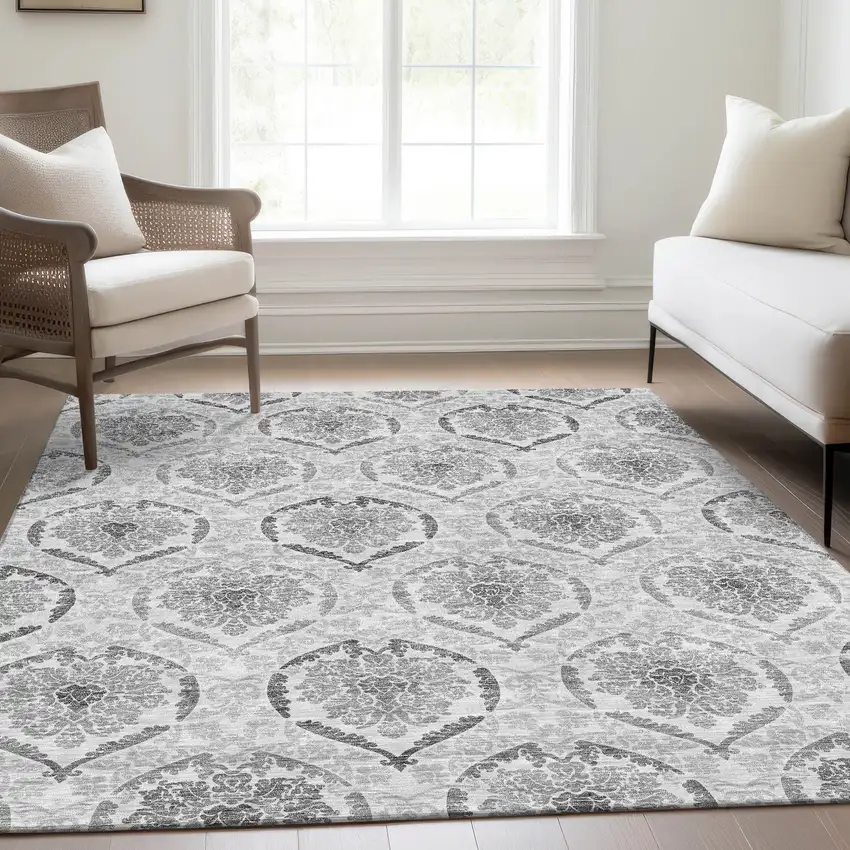Silver Gray And Charcoal Medallion Washable Indoor Outdoor Area Rug Photo 9