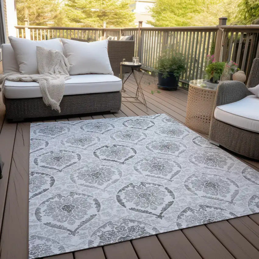Silver Gray And Charcoal Medallion Washable Indoor Outdoor Area Rug Photo 8