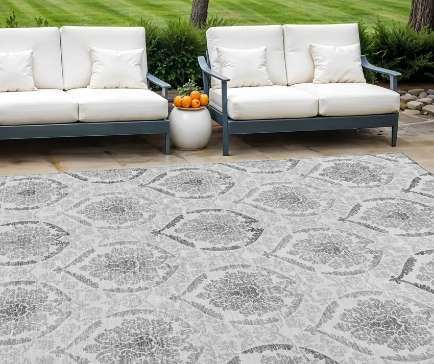 Silver Gray And Charcoal Medallion Washable Indoor Outdoor Area Rug Photo 1