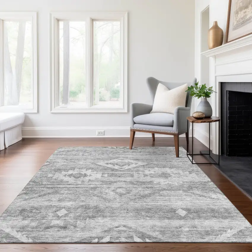 Silver Gray And Charcoal Southwestern Washable Indoor Outdoor Area Rug Photo 9