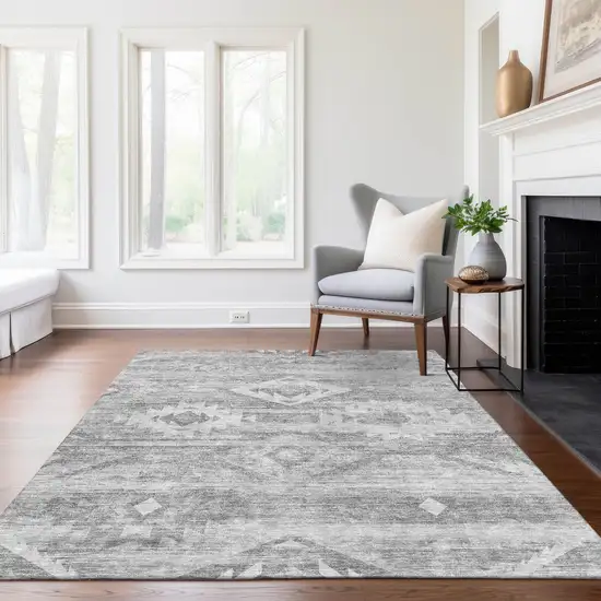 Silver Gray And Charcoal Southwestern Washable Indoor Outdoor Area Rug Photo 9