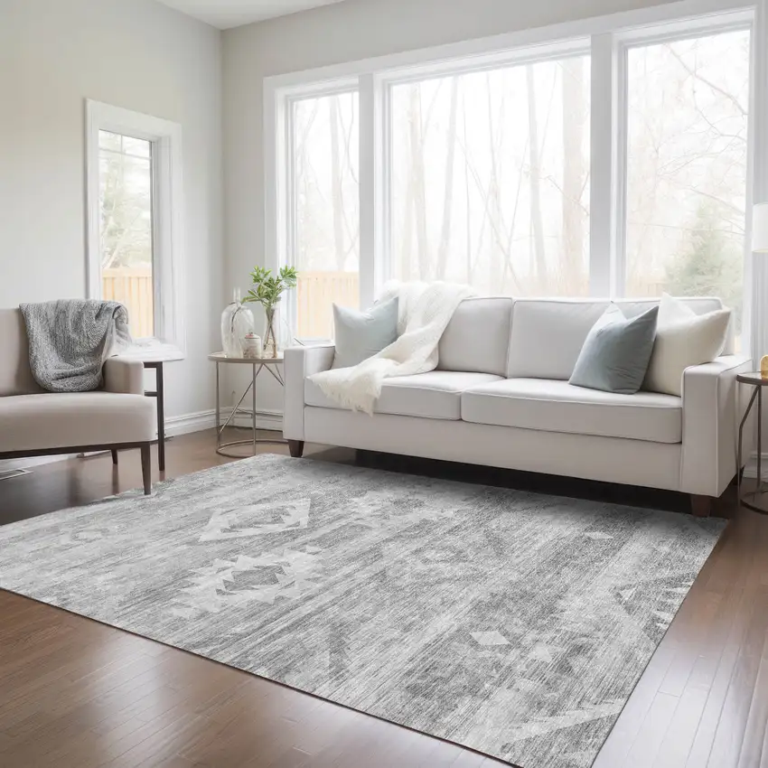 Silver Gray And Charcoal Southwestern Washable Indoor Outdoor Area Rug Photo 9