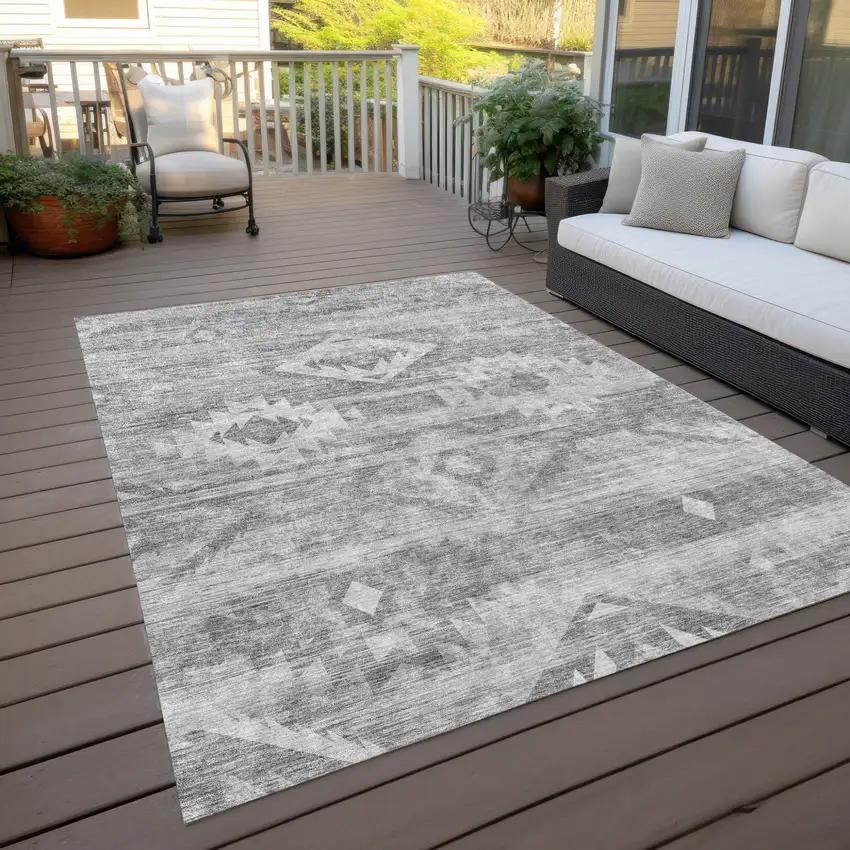 Silver Gray And Charcoal Southwestern Washable Indoor Outdoor Area Rug Photo 9