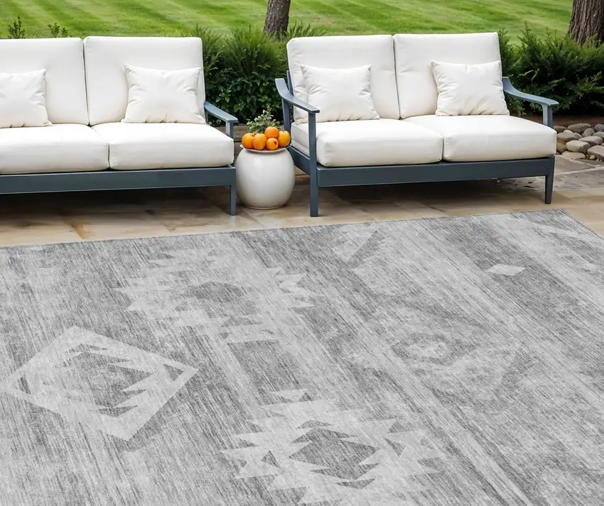 Silver Gray And Charcoal Southwestern Washable Indoor Outdoor Area Rug Photo 1