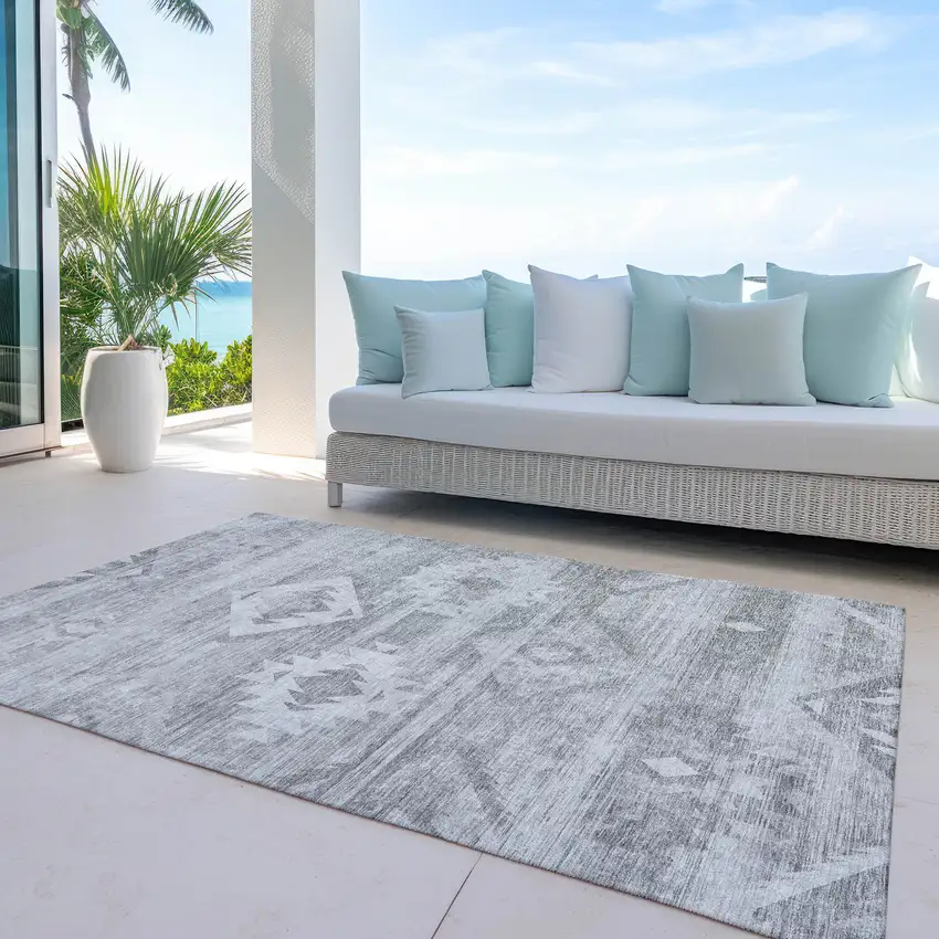 Silver Gray And Charcoal Southwestern Washable Indoor Outdoor Area Rug Photo 8