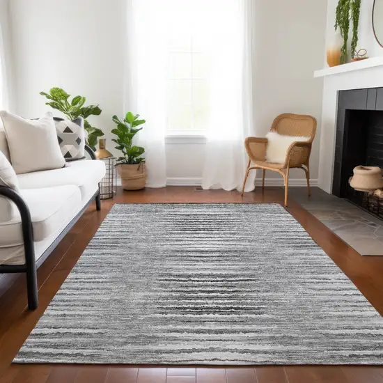 Silver Gray And Charcoal Striped Washable Indoor Outdoor Area Rug Photo 9