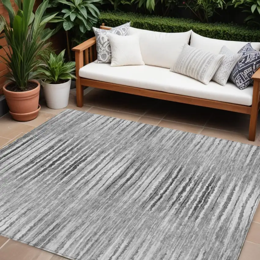 Silver Gray And Charcoal Striped Washable Indoor Outdoor Area Rug Photo 1