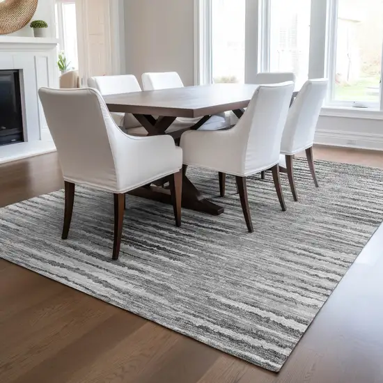 Silver Gray And Charcoal Striped Washable Indoor Outdoor Area Rug Photo 8