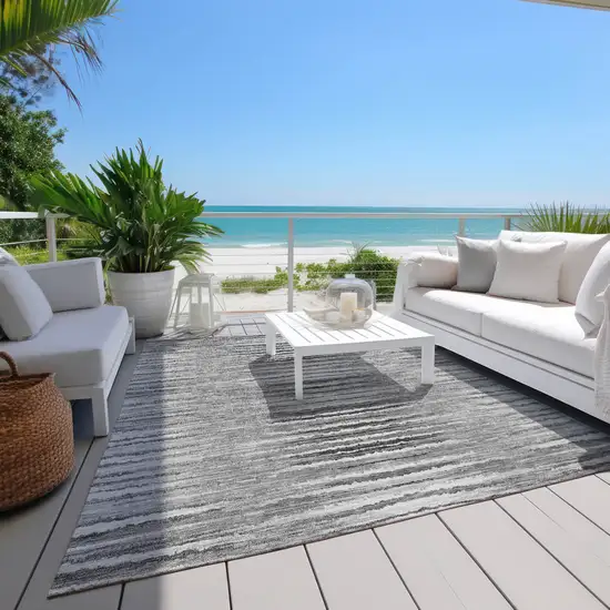 Silver Gray And Charcoal Striped Washable Indoor Outdoor Area Rug Photo 9