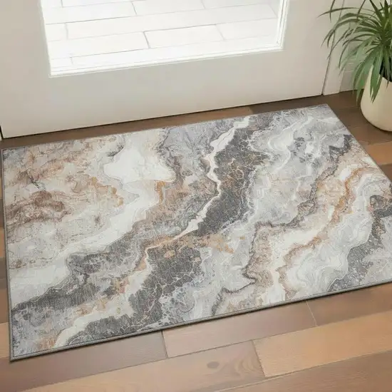 Silver Gray And Copper Abstract Washable Area Rug With UV Protection Photo 2