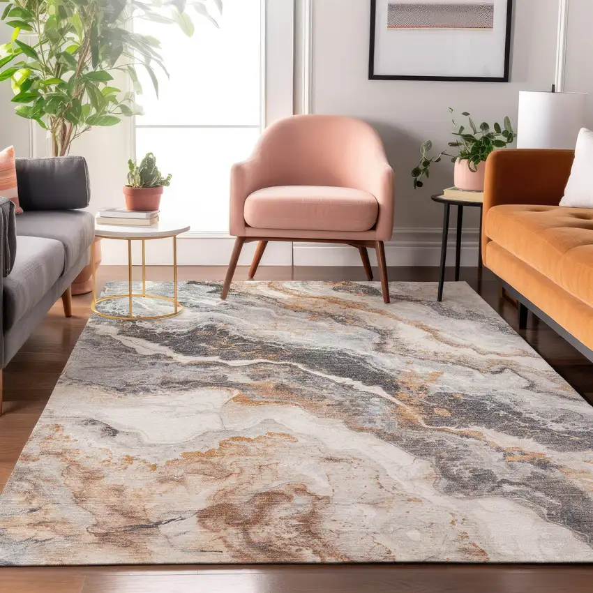 Silver Gray And Copper Abstract Washable Area Rug With UV Protection Photo 5