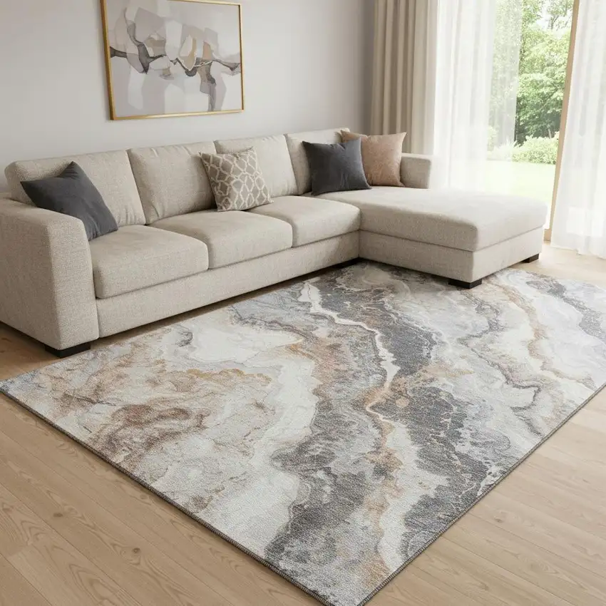 Silver Gray And Copper Abstract Washable Area Rug With UV Protection Photo 2