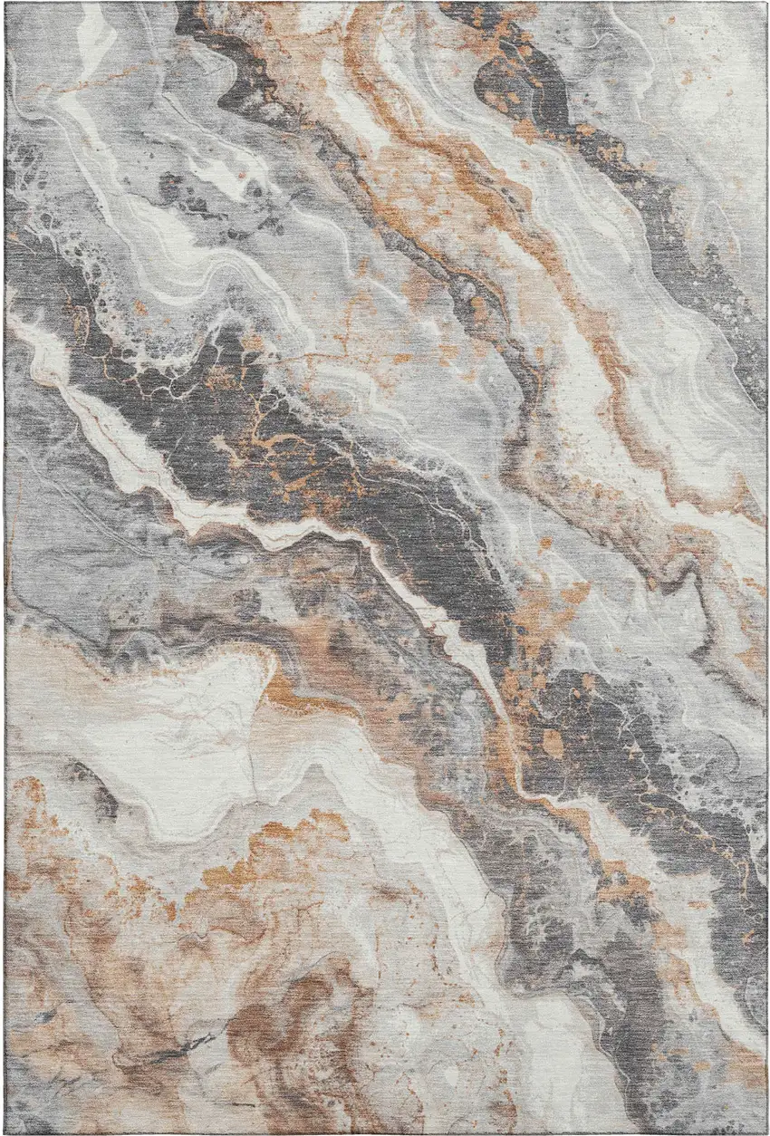 Silver Gray And Copper Abstract Washable Area Rug With UV Protection Photo 1
