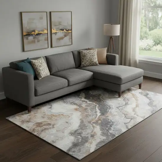 Silver Gray And Copper Abstract Washable Area Rug With UV Protection Photo 2