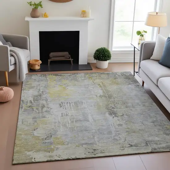 Silver Gray And Gold Abstract Washable Area Rug With UV Protection Photo 2
