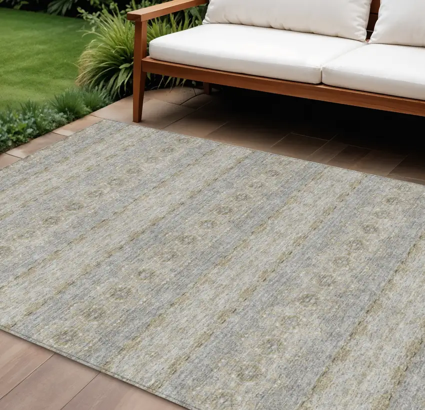 Silver Gray And Gold Floral Medallion Washable Indoor Outdoor Area Rug Photo 1