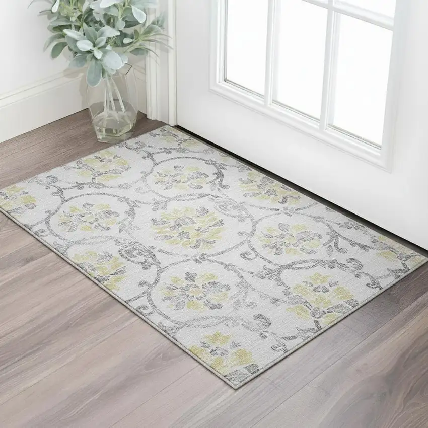 Silver Gray And Gold Floral Washable Area Rug With UV Protection Photo 2