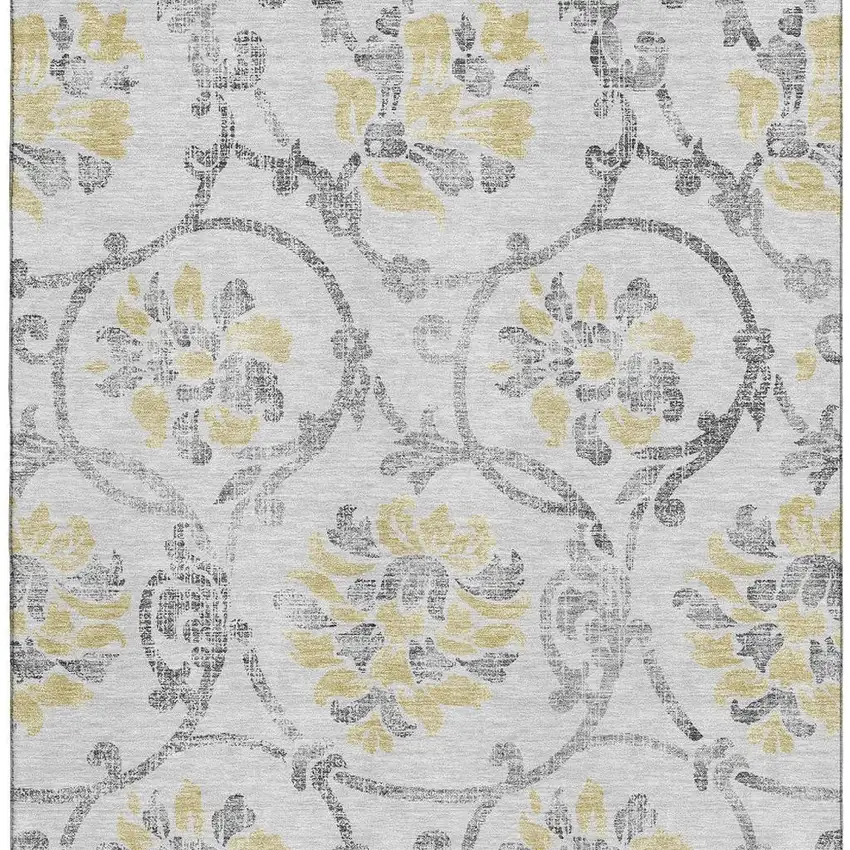 Silver Gray And Gold Floral Washable Area Rug With UV Protection Photo 3