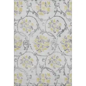 Photo of Silver Gray And Gold Floral Washable Area Rug With UV Protection