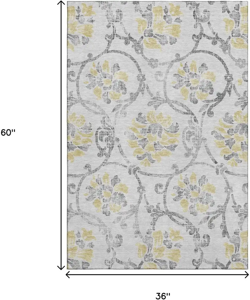 Silver Gray And Gold Floral Washable Area Rug With UV Protection Photo 3